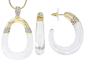 Clear Lucite With White Crystal Gold Tone Necklace & Earring Set