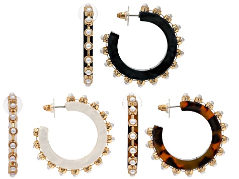 Multi-Color Resin & Pearl Simulant Gold Tone Set of 3 Hoop Earrings
