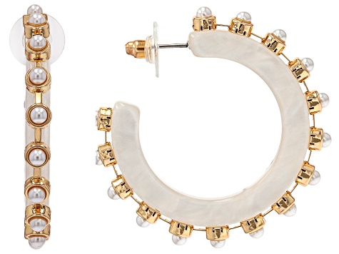 Multi-Color Resin & Pearl Simulant Gold Tone Set of 3 Hoop Earrings
