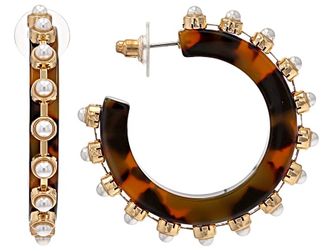 Multi-Color Resin & Pearl Simulant Gold Tone Set of 3 Hoop Earrings