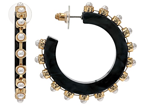Multi-Color Resin & Pearl Simulant Gold Tone Set of 3 Hoop Earrings