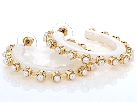 Multi-Color Resin & Pearl Simulant Gold Tone Set of 3 Hoop Earrings