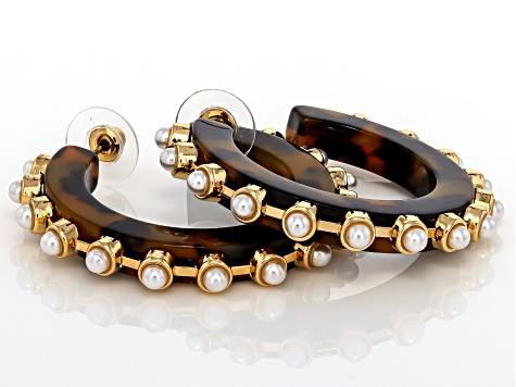 Multi-Color Resin & Pearl Simulant Gold Tone Set of 3 Hoop Earrings