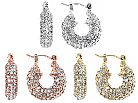 White Crystal Tri-Tone Set of 3 Huggie Earrings