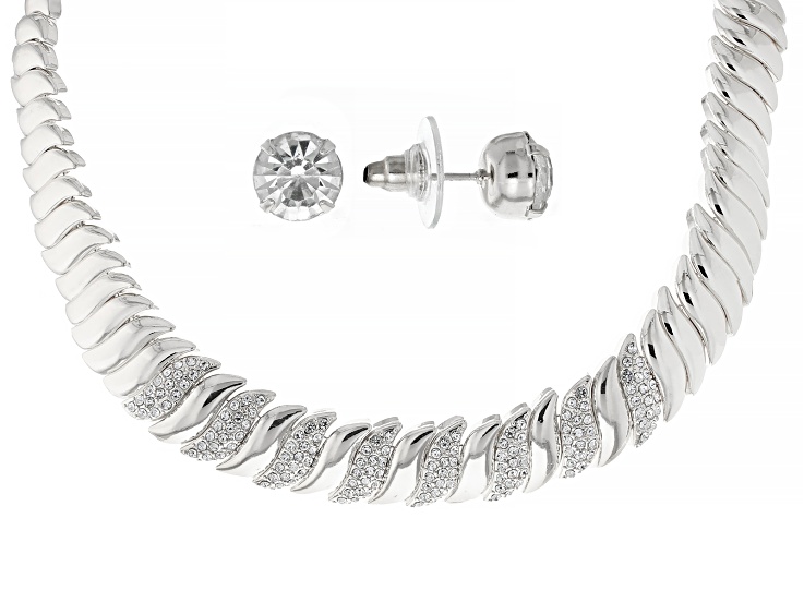 Crystal Silver Tone Collar Necklace & Stud Earring Set