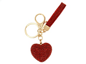 Red Crystal Gold Tone Puffy Heart Keychain
