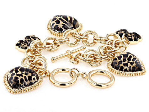 Leopard Acrylic Gold Tone Heart & Bow Charm Bracelet