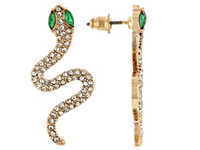 Green & White Crystal Gold Tone Snake Earrings