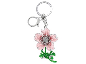 White Crystal & Multi-Color Enamel Silver Tone Flower Key Chain