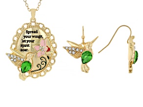 Green Crystal & Enamel Gold Tone Hummingbird Pendant With Chain & Earring Set with Giftbox