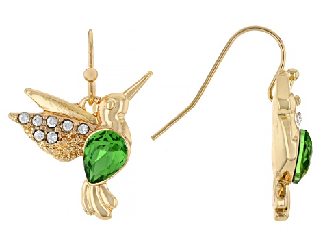 Green & White Crystal With Enamel Gold Tone Hummingbird Pendant