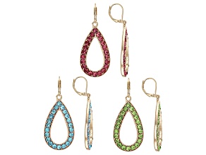 Multi-Color Crystal Gold Tone Set of 3 Earrings