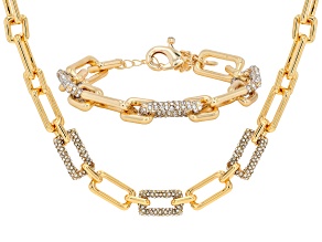 Pave Crystal Gold Tone Link Necklace & Bracelet Set