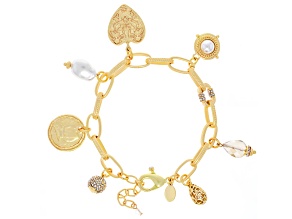 Pearl Simulant & Glass Crystal Bead Gold Tone Charm Bracelet