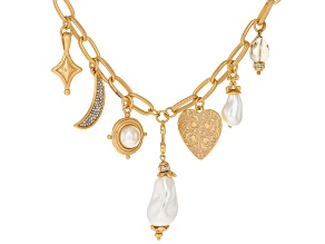 Pearl Simulant & Glass Crystal Bead Gold Tone Charm Necklace