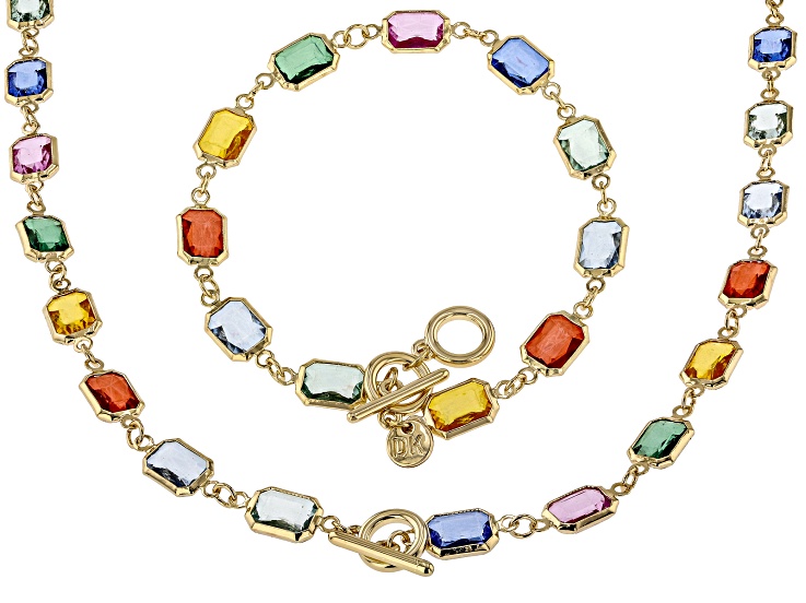 Multi-Color Crystal Gold Tone Necklace & Bracelet Set