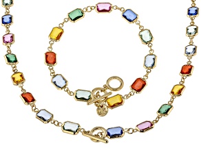 Multi-Color Crystal Gold Tone Necklace & Bracelet Set