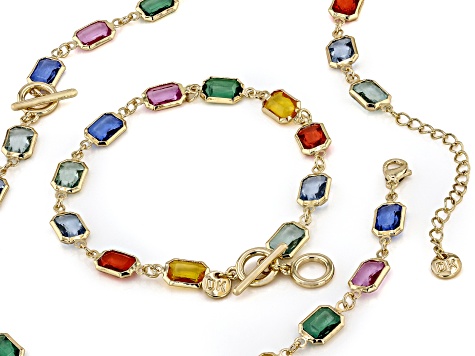 Multi-Color Crystal Gold Tone Necklace & Bracelet Set