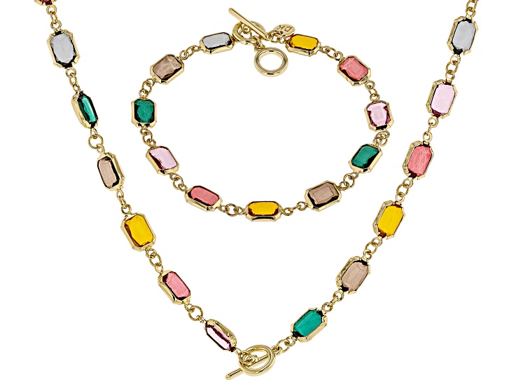 ♡ Jewelセット Multi-Color Crystal Gold Tone Necklace & Bracelet Set - OPC1834A | JTV