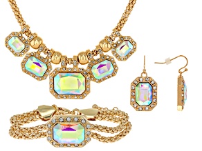 Clear Crystal Gold Tone Necklace, Earring, and Bracelet Set