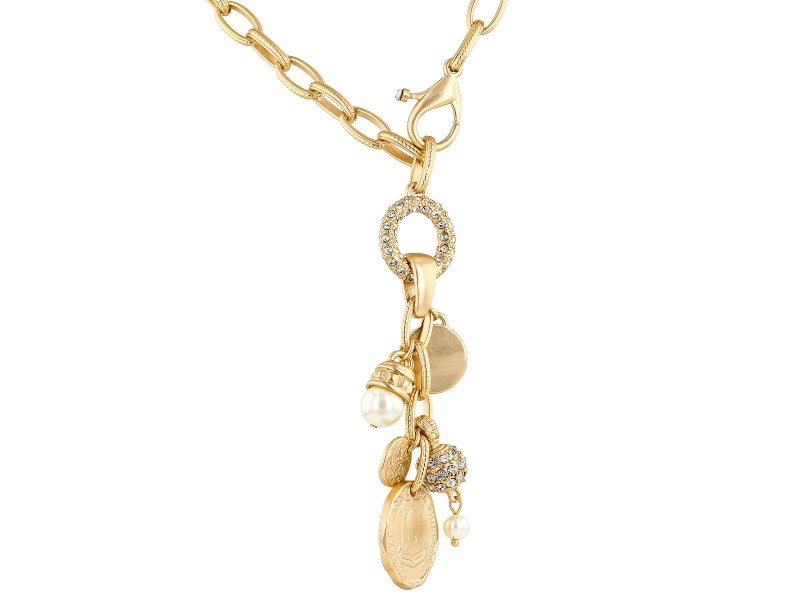 Gold Tone Dangle Charm Necklace with Pearl Simulant and White Crystals