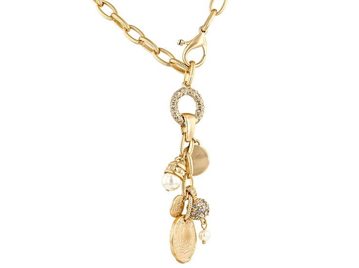 Gold Tone Dangle Charm Necklace with Pearl Simulant and White Crystals