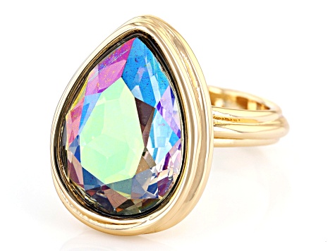 Green Crystal Gold Tone Solitaire Ring