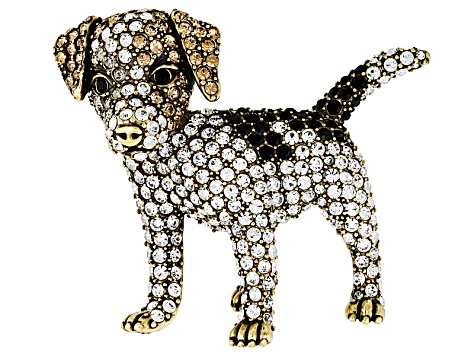 Multicolor Crystal Antiqued Gold Tone Jack Russell Terrier Brooch
