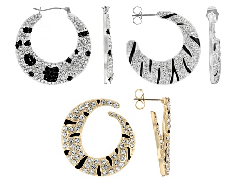 Black & Clear Crystal Silver & Gold Tone Animal Print Hoop Earring Set of 3