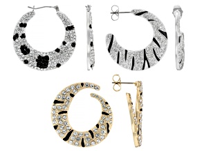Black & Clear Crystal Silver & Gold Tone Animal Print Hoop Earring Set of 3