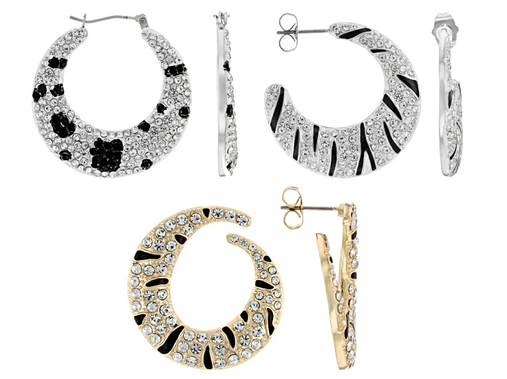 Black & Clear Crystal Silver & Gold Tone Animal Print Hoop Earring Set of 3