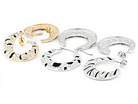 Black & Clear Crystal Silver & Gold Tone Animal Print Hoop Earring Set of 3