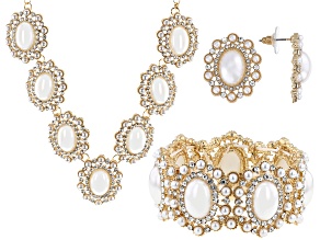 Pearl Simulant & Crystal Gold Tone Necklace, Earring, & Bracelet Set
