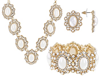 Picture of Pearl Simulant & Crystal Gold Tone Necklace, Earring, & Bracelet Set