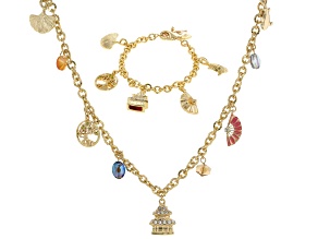 Multi-Color Glass With Enamel Gold Tone Japanese Inspired Charm Necklace & Bracelet Set
