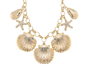 White Crystal Gold Tone Seashell Charm Necklace