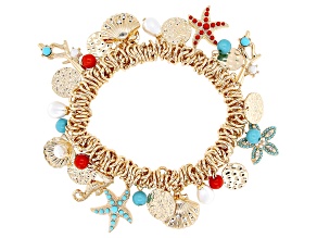 Multi-Color Acrylic, Pearl Simulant, & Crystal Gold Tone Sea Life Stretch Bracelet