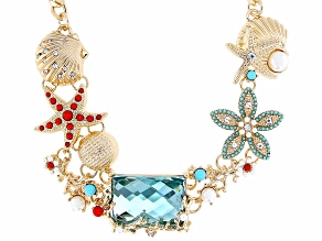 Multi-Color Acrylic, Pearl Simulant, & Crystal Gold Tone Sea Life Necklace