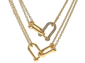 White Crystal Gold Tone Multi-Row Stirrup Link Necklace