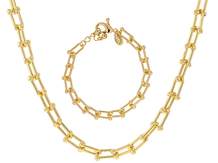 Gold Tone Stirrup Link Necklace & Bracelet Set - OPC1883 | JTV