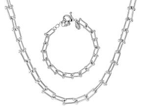 Silver Tone Stirrup Link Necklace & Bracelet Set