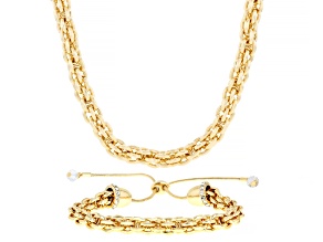 White Crystal Gold Tone Basket Weave Link Necklace & Bracelet Set