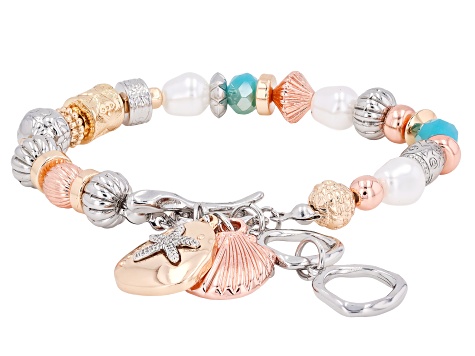 Pearl Simulant & Multi-Color Acrylic Tri-Color Tone Sea Life Toggle Bracelet