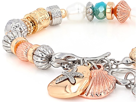 Pearl Simulant & Multi-Color Acrylic Tri-Color Tone Sea Life Toggle Bracelet