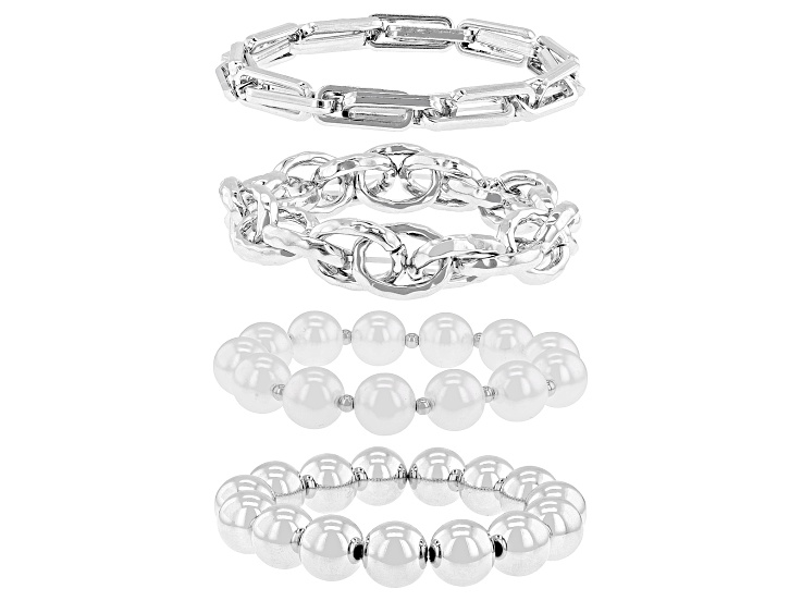 White Pearl Simulant Silver Tone Stretch Bracelet Set of 4