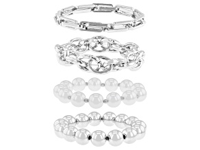 White Pearl Simulant Silver Tone Stretch Bracelet Set of 4