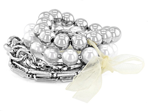 silverアクセサリーSET White Pearl Simulant Silver Tone Stretch Bracelet Set of 4