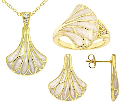 Cubic Zirconia & White Enamel Gold Tone Fan Ring, Earring  Set of gold and enameled earrings and ring main image 0