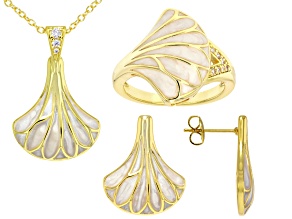Cubic Zirconia & White Enamel Gold Tone Fan Ring, Earring, and Pendant Set