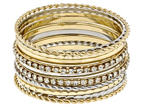 White Crystal Gold & Silver Tone Textured Bangle Set of 12